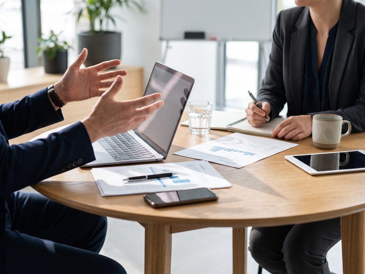 Two advisors in conversation at a table with a laptop and reports